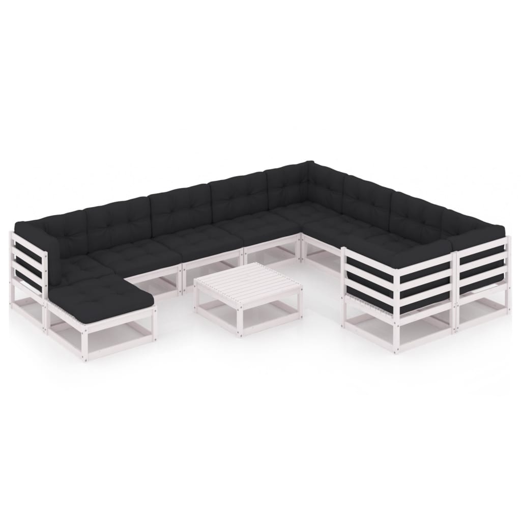 11-tlg. Garten-Lounge-Set mit Kissen Weiss Kiefer Massivholz